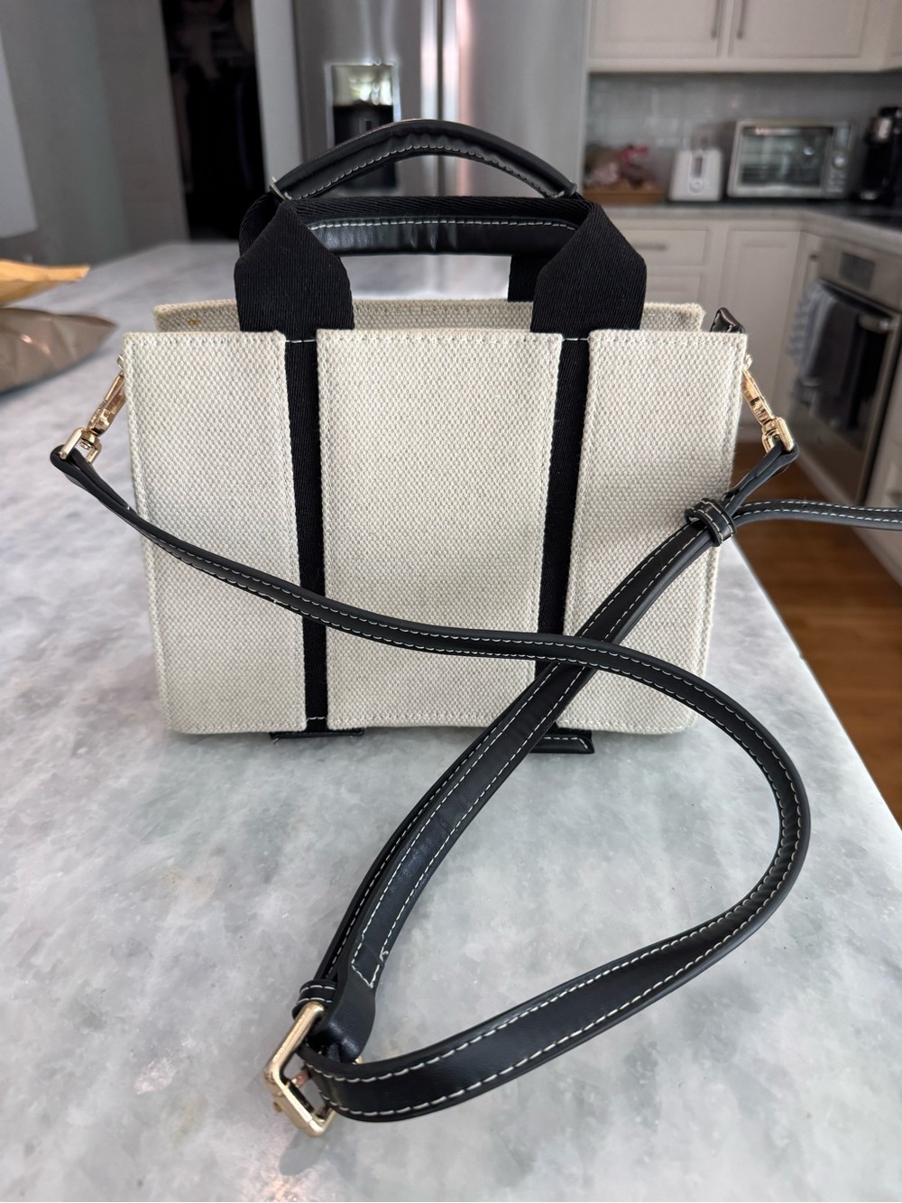 Canvas Mini Tote Bag with Black Trim - Women's Crossbody